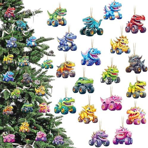 Weihnachtsbaum Anhänger 36Stück Weihnachtsbaumanhänger Holz Weihnachten Baumschmuck Spielzeugauto Christbaumanhänger Weihnachtsbaumschmuck für Weihnachtsdeko Kinder Geschenkanhänger (Dinosaurier-Auto)
