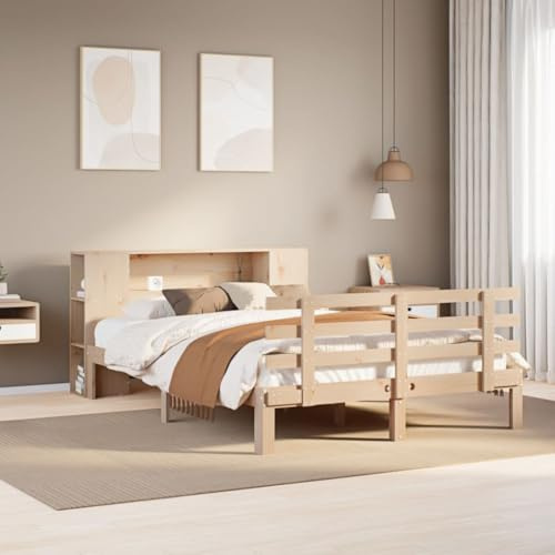 vidaXL Bookcase Bed Frame - Double Pine Bed with Bookcase Headboard and Storage - Solid Wood Pine - 135x190cm - Bedroom Furniture