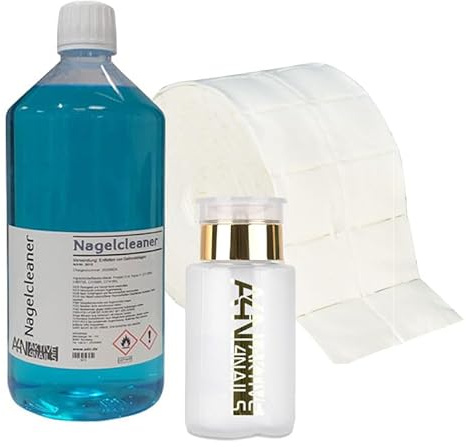 aktive4Nails Nagel Cleaner Set 1000ml + Dispenser Pumpflasche Gold Edition 160ml + 500 Zelletten Cellulose Pads 70% Isopropanol - Alkohol – Nagelreiniger (Basic Blue)