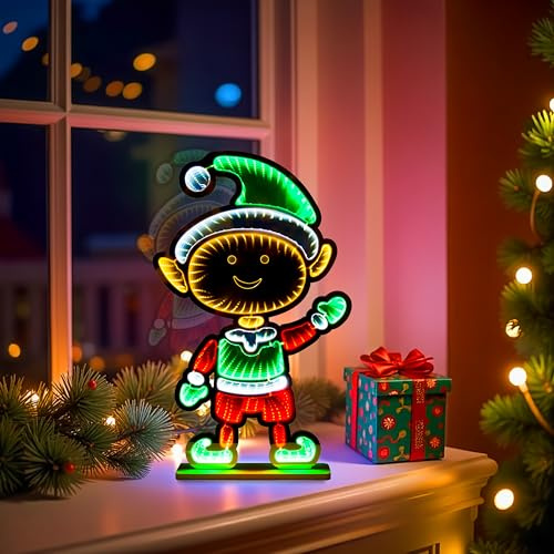 SWL Christmas Elf Infinity Light 60 cm – 3D LED Mirror Tunnel Decoration with Wooden Stand | Double-Sided Multicolour Optical Illusion Lamp | Mains Operated Indoor Table, Shelf & Windowsill Decor