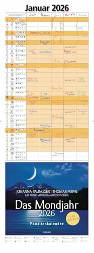 Das Mondjahr - Familienplaner 2026 mit Spiralbindung - Johanna Paungger - Thomas Poppe - Kalender mit Tipps und Symbolen - Mosaik-Verlag - Mit 5 Spalten zum Eintragen - 24,5 cm x 69 cm