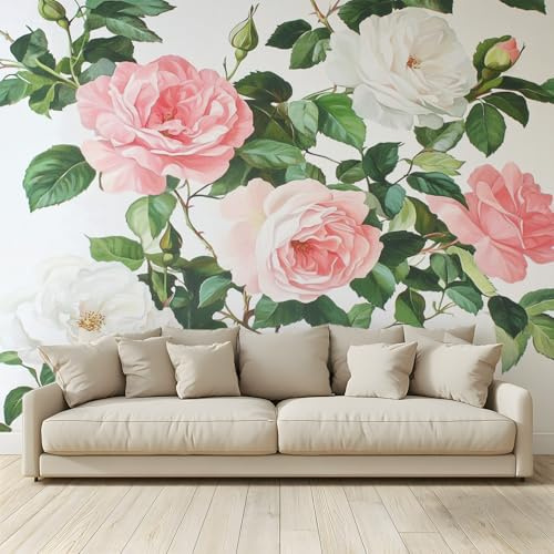 MKBKLI Papier Peint Panoramique Roses roses et blanches Murale 3D Intissé Fresque Poster Décoration Fond De Mur Tv Salon Chambre 400 (H) x 280 (L) cm