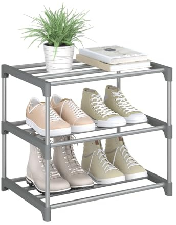 WOLTU Schuhregal schmal 3 Ebenen, Schuhorganizer Schuhaufbewahrung platzsparend, offener Schuhschrank Metall, für 6 Paar Schuhe, Eingang, Flur, Wohnzimmer, 42 x 37 x 30 cm, Grau