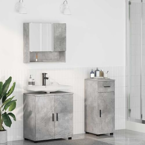 XHNIFBN Badmöbel Set Beton Grau 3-teilig Holzwerkstoff Metall 61 x 35 x 64 cm mit Waschtisch Spiegelschrank Hängeschrank Modernes platzsparendes Design für kleine bis mittlere Badezimmer