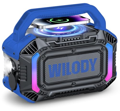 Wilody Speakers Bluetooth Wireless, 100W Loud Outdoor Speaker with Bass, IPX7 Waterproof Floatable, 20H Playtime, Wireless Charge, TWS, RGB Light, Portable Speaker for Work, Garage, Outdoor (Blue)