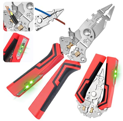 Owfeel 16-in-1 Wire Stripper and Crimping Tool, Foldable Wire Cutter with Rechargeable 12-250V AC/DC Voltage Tester for Hot/Neutral Checks, Home Wiring and DIY Repair (Red)
