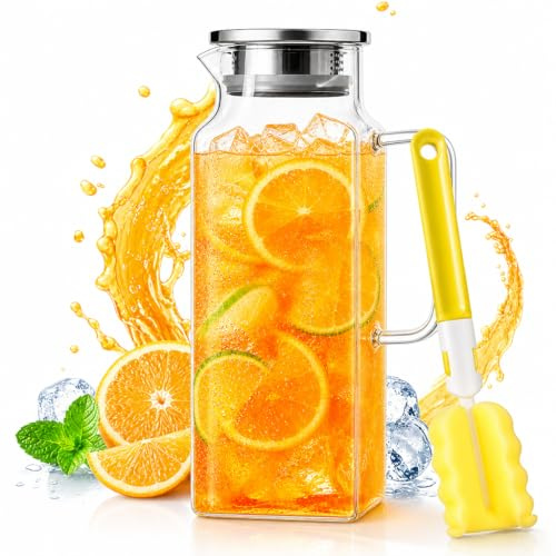 FTISSLY Carafe en Verre Pichet à Eau en Verre 2L Pichet à Jus en Verre avec Couvercle et Poignée, Résistant à la Chaleur, Pichets en Verres avec Goupillon (Couleur Aléatoire) pour Eau Chaude et Froide