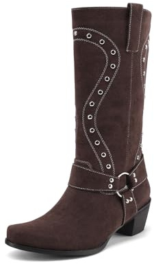 TNMIUH Stivali Western Donna a metà Polpaccio Stivali Biker con Borchie Tacco Largo Punta Quadrata Stivali da Cowboy in Camoscio con Fibbia,Marrone,37.5 EU