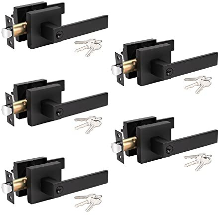 KNOBWELL 5 Pack Heavy Duty Entrance Door Lever Door Handle(for Office/Front Door) Entry Door Handle Set, Left/Right Handing, Keyed Alike Black Door Handles, Matte Black 2.13 lb One Lever