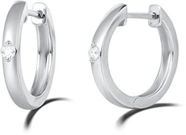 Solide 14 Karat 585 Weiß Gold Creolen Huggies Ohrringe mit Natürlichem Diamant 0,05 ct Echt Schmuck für Damen Mädchen - Durchmesser: 14 mm