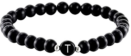 Kim Johanson Partner Perlenarmband mit Buchstabe aus Onyx Stein für Pärchen I Naturstein Freundschaftsarmband in Schwarz I Geschenk für Paare mit Gravur I Für Frauen und Männer inkl. Schmuckbeutel (T)