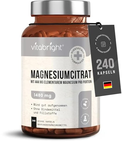 Magnesio Citrato Capsule 240 x4 mesi, 1480mg Integratore Citrato Di Magnesio in Polvere/Elementare 444mg. Integratore Magnesio Chelato, Magnesio Regolarità Intestinale - Magnesio Compresse VitaBright