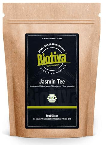 Thé au jasmin bio 100g - Très bonne qualité chinoise - Prix eceptionnel - Feuilles vert foncé, largement entrecoupées de bourgeons de feuille blancs - Biotiva