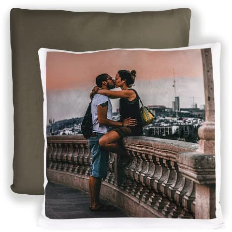 LOOXIS Personalisiertes Kissen mit Foto & Text Bedruckt, selbst gestalten – 40x40 cm, farbige Rückseite, Leinenhaptik – Geschenkidee Männer, Frauen, Jahrestag, Geburtstag, Einzug – Mokkagrau