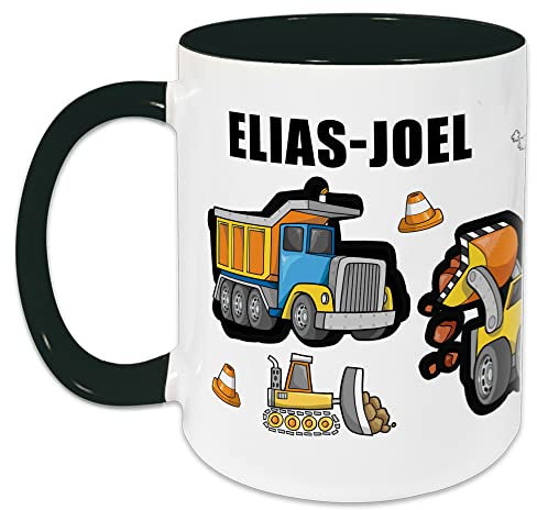 GRAZDesign Kindertasse mit Namen, Tasse Kinder, personalisierte für Junge Trinkbecher Kindergeschirr Kinder Becher Schwarz, Keramik BPA-frei, 330ml Motiv Bagger Baustelle