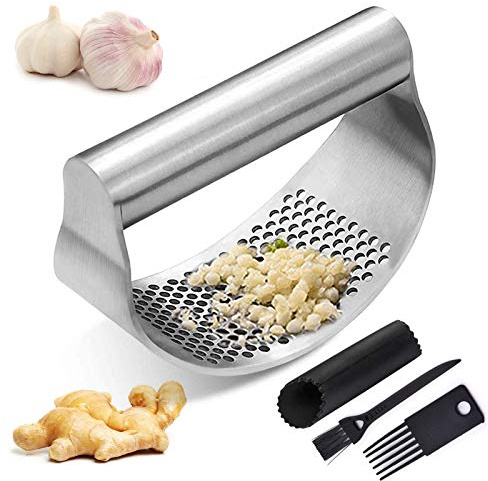 Knoblauchpresse 4er-Set, Knoblauchschneider, Edelstahl 430, Ingwerzerkleinerer, Aufschnittmaschine, Küchenhilfe, mit Silikonwalzenschäler, Reinigungsbürste, Silikonschlauch.