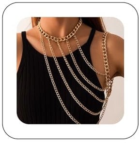 Yienate Sexy Harness Body Chain Boho Gold Necklace Choker Shoulder Chain Multi Row Chunky Cuban Arm Chain Unique Layered Shoulder Necklace Body Chain Jewelry Accessories For Women Girls