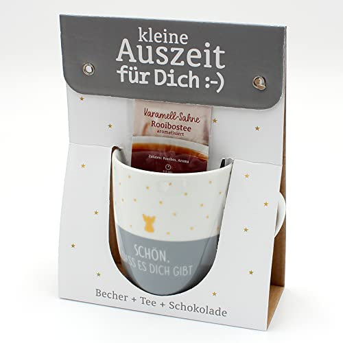 Geschenkset - kleine Auszeit - Tee,- Kaffeebecher/Tasse aus Porzellan+Tee+Schokolade, Motiv: Schön, dass es Dich gibt/Engel, Größe H/Ø: 9,8x8,2 cm, Fassungsvermögen 250 ml, Spülmaschinengeeignet.