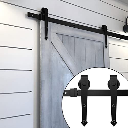 Ikodm 183cm (6FT) Schiebetürbeschlag Schiebetürsystem Schiebetür Hängeschiene Komplettset für Einzelne Holztür Schiebetüren Scheunentore, Kohlenstoffstahl, Schwarz, Pfeil