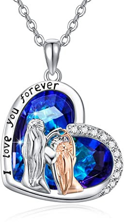XIXLES Mutter Tochter Kette Kristall Kette 925 Silber Herz Halskette Anhänger Muttertag Halskette Geburtstag Geschenk für Mutter Tochter Oma (Blau-A)