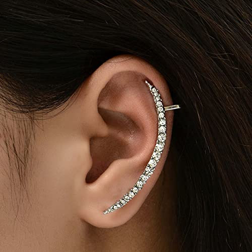 Aneneiceera Boho Long Crystal Bar Ear Cuff Wrap Earrings Silver Curved Stick Stud Earrings Bar Right Ear Jackets Ear Pins Climbers Crawlers Bar Single Earring Jewelry for Women and Girls