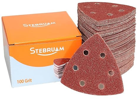 STEBRUAM Deltaschleifer Schleifpapier Dreieckschleifer, 65 Stück Delta Schleifpapier Klett Schleifpapier 100 Körnungen für Schleifdreiecke 93x93x93mm