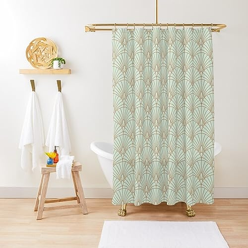 ZGDPBYF Rideau de douche géométrique Art Déco Motif éventail Imperméable Tissu Tissu Décoration de salle de bain avec crochets 220 l x 180 H cm