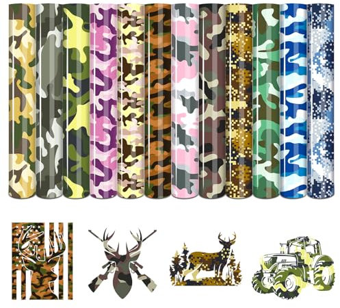 HTVSTD Camo HTV Vinyl -12 Sheets 12'' x 10''Green Camouflage Heat Transfer Vinyl Brown Camo Iron on Vinyl for Fabrics Camo Patterned HTV