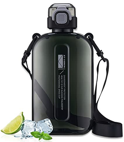 Taozoey 750ml Slim Leak Proof Sport Water Bottle with Strap - Camping, Fitness, Sports (Black)