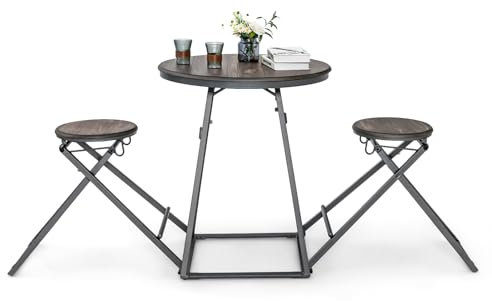 COSTWAY Conjunto de Mesa Redonda y Taburetes de 3 Piezas, Juego de Mesa Alta con 2 Taburetes Plegables, Conjunto de Mesa y Sillas Moderno para 2 Personas, Set de Comedor para Cocina Comedor