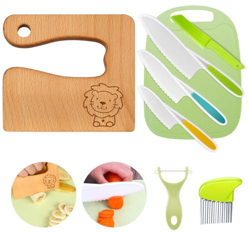 Goodchef Kindermesser 8-teiliges Kinder-Küchenmesser-Set zum Schneiden und Kochen von Obst oder Gemüse für Kleinkinder, inklusive Holzmesser Schneidebrett Schäler(Lion)