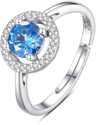 INFUSEU Geburtsstein Ring, 925 Sterling Silber Geburtsstein Meerblau Ringe für Damen April Personalisierbar Verstellbar Offene Bänder Zirkonia Ringe Geschenke für Frauen Mädchen