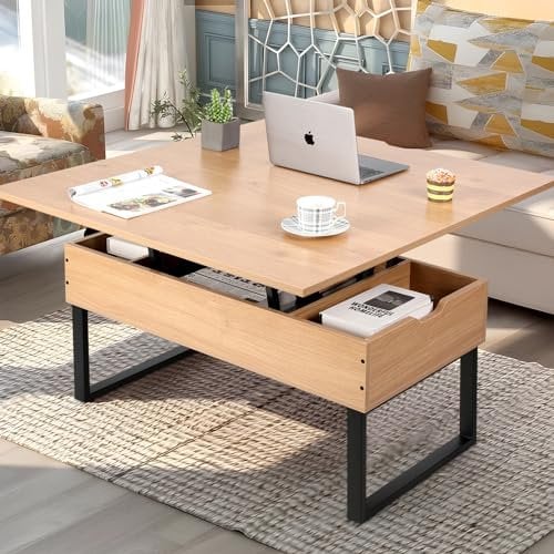 VOWNER Couchtisch Höhenverstellbar, 3-in-1-Multifunktions-Wohnzimmertisch mit Versteckter Aufbewahrung, Couchtisch Umwandelbar in Wohnzimmer-Esstisch (Holzfarbe)