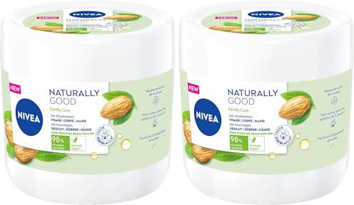 NIVEA NATURALLY GOOD Family Care Crème multi-usage pour toute la famille (1 x 450 ml), Crème 3-en-1 enrichie en huile d’amande douce 100% naturelle, Crème visage- corps–mains (Lot de 2)