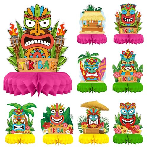CHALA 9 Stück Hawaii Deko Party Tiki Bar Deko Hawaiian Deko Tischaufsätze Luau Bienenwabe 3D Tiki Waben Tischdeko Tropische Palmenblätter Deko Mittelstück für Hawaii Aloha Sommer Pool Tiki Bar Party