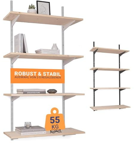 BOOMET Wandregal Metall mit Boden · Regal in 50 Varianten · Höhe: 150 cm · 4 Ebenen in 80 x 25 cm (B x T) · Farbe: weiß · Wandschienen Regalsystem · Regalträger Schienensystem
