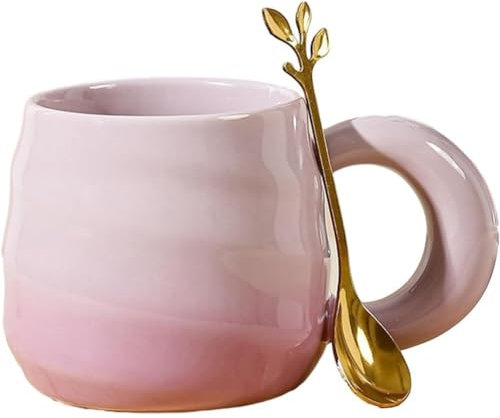 FülleMore Farbverlauf Porzellan Kaffeebecher mit Löffel 380ml große Kaffeetasse mit Henkel spiralenförmige Frühstückstasse Süße Bürotasse Milchbecher Geschenk für Mädchen Frau Oma (Lila)