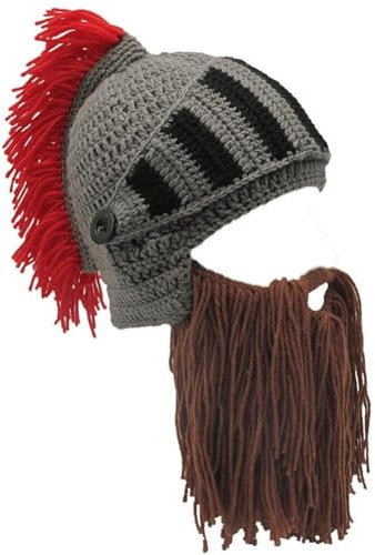 Tsffae Beanie-mütze, Handgefertigte Strickmütze Für Herren, Cosplay, Helm in Form Eines Römischen Ritters, Winddichte Kappe, Lustige Rittermütze, Perücke, Bart, Mütze Für Herren