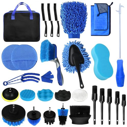 HOVIBU Kit Nettoyage Voiture, 30 Pcs Kit de Brosse Nettoyage Voiture pour l'intérieur et l'extérieur, Kit de Lavage de Voiture Inclure Brosses, Éponges de Polissage, Sac de Transport Pratique Inclus