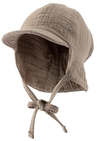 Sterntaler Schirmmütze Nacken Uni - Jungen Mütze mit kleinem Nackenschutz und Bindeband - Sommermütze aus luftigem Baumwoll Musselin - Sonnenhut - Baby und Kinder Kopfbedeckung - Taupe, Größe 47