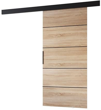 MINIO go for it - Schiebetüren 76 cm, Schiebetür Zimmertür PRIM 1K, Schiebetürsystem für Zimmer, Wandmontage, Türe Innen - Dekorleiste, Oberblende, Türgriff in Schwarz, Sonoma Eiche/Schwarz
