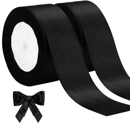 Ruban Satin Noir 40 MM, 22m x 2 Rouleaux pour Décoration de Mariage, Tissu de Soie pour l'Artisanat, Décoration de la Maison, Fête, Gâteau, Coffrets, Bouquet