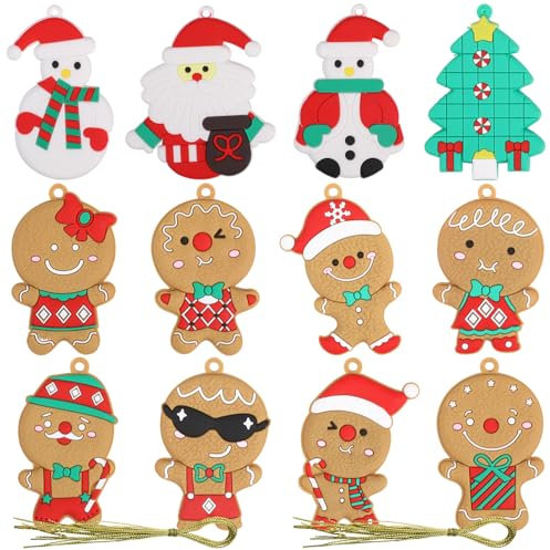 Bigqin 12 Pezzi Ornamento Pan Zenzero Pendenti Natalizi,Addobbi per Albero di Natale,Omino Pan Zenzero Natalizio Decorazione,Abbellimento di Figurine di Natale con Spago
