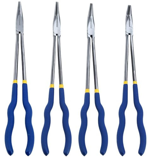 Professional Long Reach Pliers Set 16 Inch Multi Purpose Long Nose Pliers with Straight, 25°/45°/90° Bent Head & O-Shape Tips, Durable Steel Construction for Automotive, Electrical, Plumbing(4PCS A)