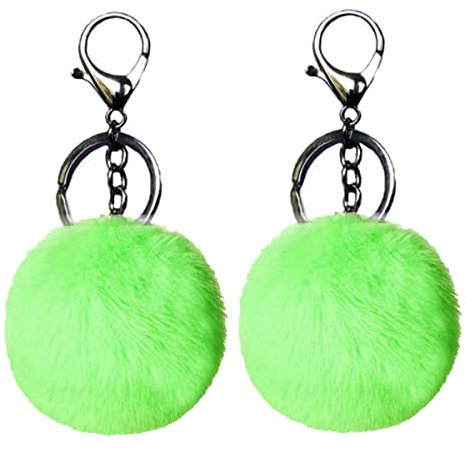 Xsclpomddy Lot de 2 porte-clés à pompon en poils de lapin doux artificiels pour sac à main voiture pendentif, vert, 8cm