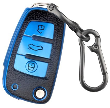 FT FUNTOR für Audi Autoschlüssel Hülle,TPU Leder Textur mit 3 Tasten für Audi Schlüssel Hülle,Kompatible mit A1 A3 A4 A6 A8 Quattro Q2 Q3 Q7 R8 RS3 RS6 S3 S6 TT TTS (C-Blau)
