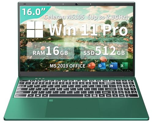 16 inch Laptop, DDR4 16GB RAM 512GB SSD, Celeron N5105 CPU, FHD IPS Display, Win11 pro/Office19, Fingerprint Unlock, Backlit KB, USB 3.0, HDMI, Dual-band WiFi (Green, 16G+512GB SSD)