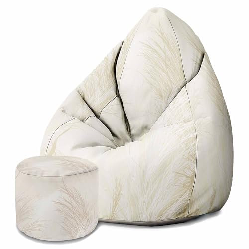 DreamRoots Sitzsack Erwachsene mit Füllung 80x80x120cm - Bean Bag Chair - Sitzsäcke mit Lehne und Hocker und Bezug - Sitzsack Sessel - Chill Sessel Velvet Beige Warm Pampas Grass