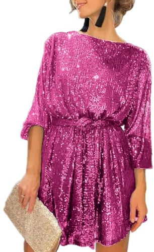 Tomwell Damen Pailletten Kleider Langarm Festlich Partykleid Elegant Glitzer Minikleid Paillettenkleid Glitzerkleid Abendkleid A Rose Rot XL