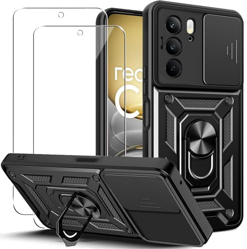 KUSINHOKA Funda para Realme C75 4G/Realme 14x 5G con Protección de Cámara Cubierta y Soporte de Anillo + [2 Pack] Cristal Templado, [Antigolpes Grado Militar] Anti-arañazos Protectora Carcasa, Negro